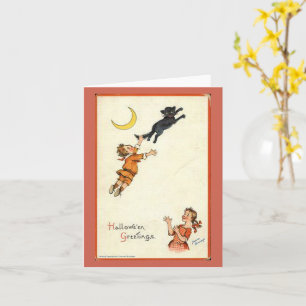 Halloween Groeten Jongen Zwarte Kat Staart Vintage Kaart