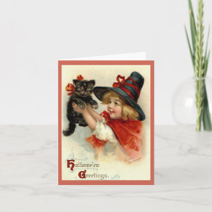 Halloween Groeten Meisje met Zwarte Kat Vintage Kaart