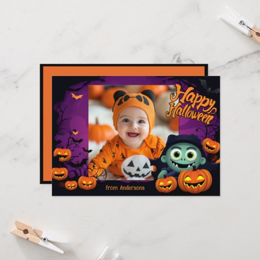 👻Halloween groeten met aangepaste foto Kaart (Voorkant / Achterkant in situ)