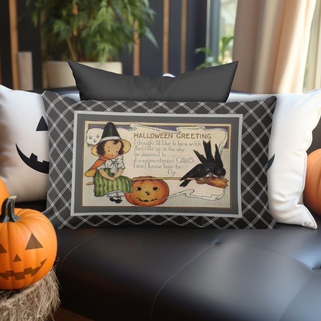  Halloween-groeten, zwart-wit Kussen (Black & White Plaid Vintage Halloween Greetings Lumbar Pillow)