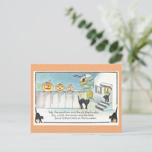  Halloween Groeten Zwarte Kat Heks Gedicht Briefkaart (Staand voorkant)