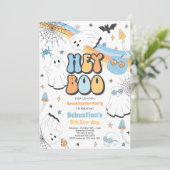 Halloween Groovy Cute Ghost Hey Boo Birthday Party Kaart (Staand voorkant)