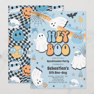 Halloween Groovy Cute Ghost Hey Boo Birthday Party Kaart