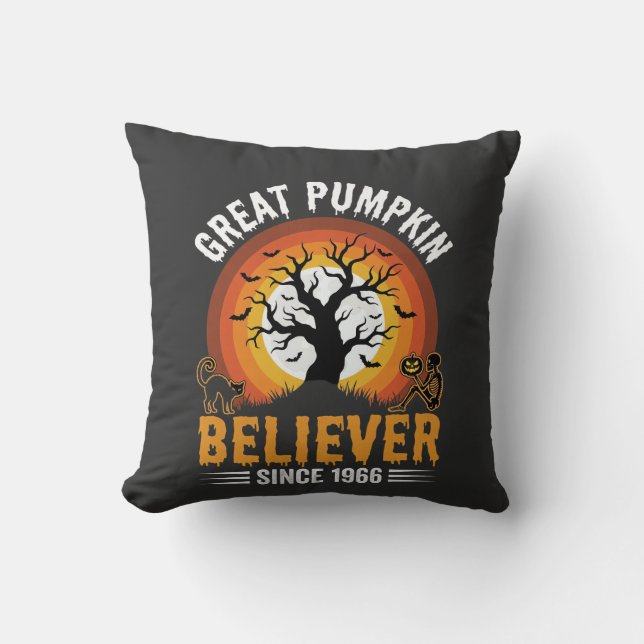 Halloween Grote Pompoen Gelover Retro Skelet Kussen (Voorkant)