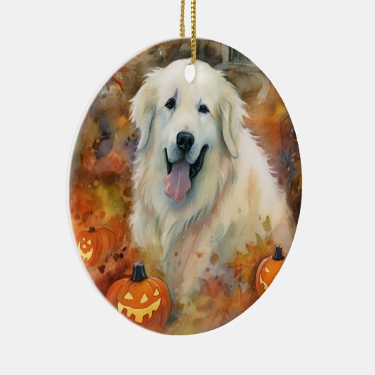 Halloween Grote Pyreneeën met pompoenen eng Keramisch Ornament (Rechts)
