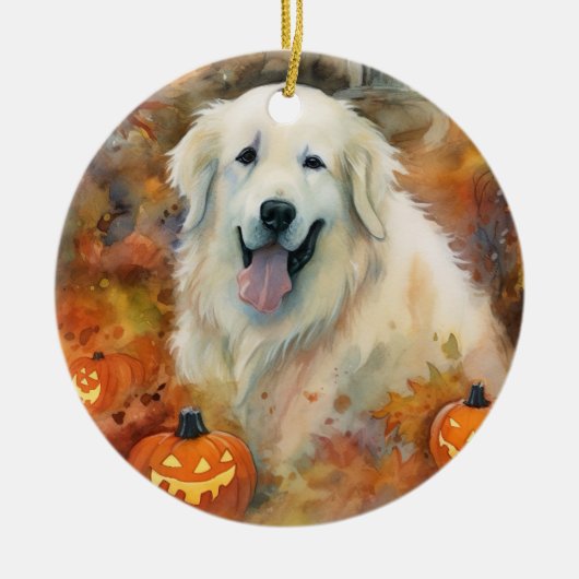 Halloween Grote Pyreneeën met pompoenen eng Keramisch Ornament (Voorkant)