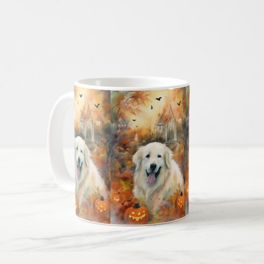 Halloween Grote Pyreneeën met pompoenen eng Koffiemok (Voorkant links)