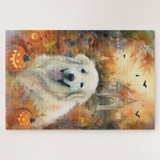 Halloween Grote Pyreneeën met pompoenen eng Legpuzzel (Horizontaal)