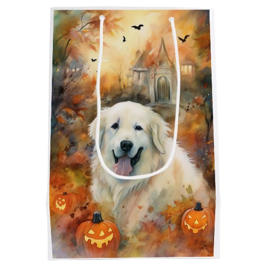 Halloween Grote Pyreneeën met pompoenen eng Medium Cadeauzakje (Achterkant)