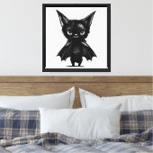 Halloween Grumpy Black Kitten in BBat Costume Canvas Afdruk (Insitu (Slaapkamer))