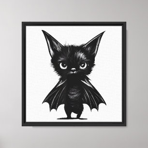 Halloween Grumpy Black Kitten in BBat Costume Canvas Afdruk