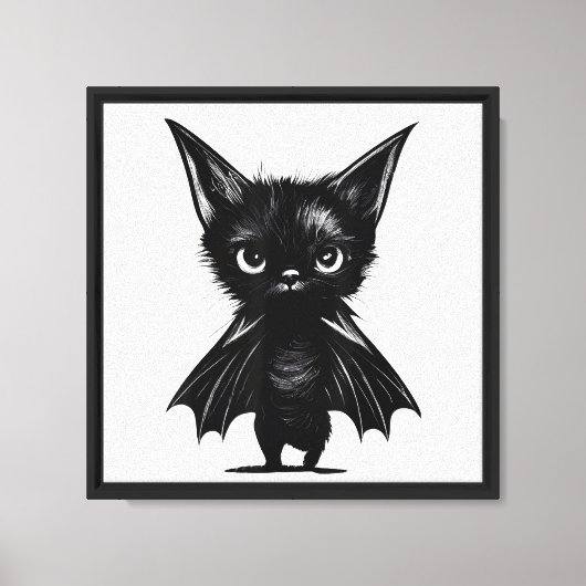 Halloween Grumpy Black Kitten in BBat Costume Canvas Afdruk (Voorkant)