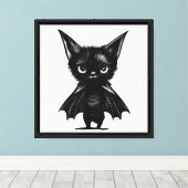Halloween Grumpy Black Kitten in BBat Costume Canvas Afdruk (Insitu (Houten vloer))