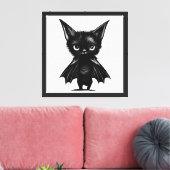 Halloween Grumpy Black Kitten in BBat Costume Canvas Afdruk (Insitu (Woonkamer))