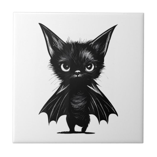 Halloween Grumpy Black Kitten in BBat Costume Tegeltje (Voorkant)
