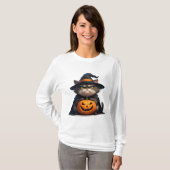 Halloween Grumpy Kat met Pompoenlantaarn 🎃 T-shirt (Voorkant volledig)