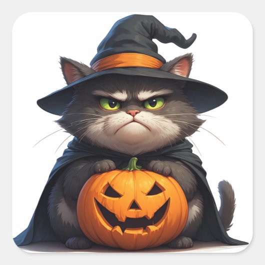 Halloween Grumpy Kat met Pompoenlantaarn 🎃 Vierkante Sticker (Voorkant)