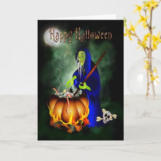 Halloween Haggard Witch Stirring the Pot Kaart (Gele Bloem)