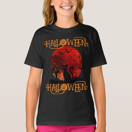 HALLOWEEN HALLOWEEN KAT ZWART ENGE VLEERMUIZEN T-SHIRT (Voorkant)