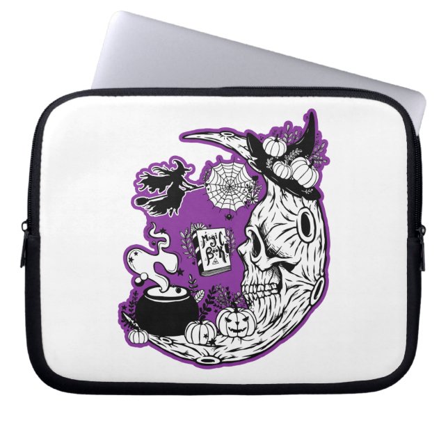 Halloween halve maan heksenschedel laptop sleeve (Voorkant)
