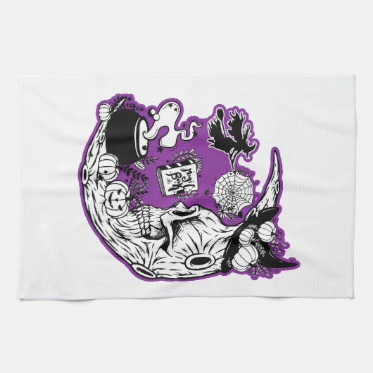 Halloween halve maan heksenschedel theedoek (Horizontaal)