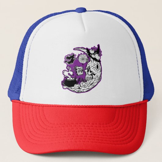 Halloween halve maan heksenschedel trucker pet (Voorkant)