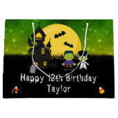 Halloween Happy Birthday Monsters Dark Green Groot Cadeauzakje (Voorkant)