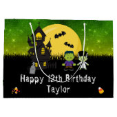 Halloween Happy Birthday Monsters Dark Green Groot Cadeauzakje (Achterkant)