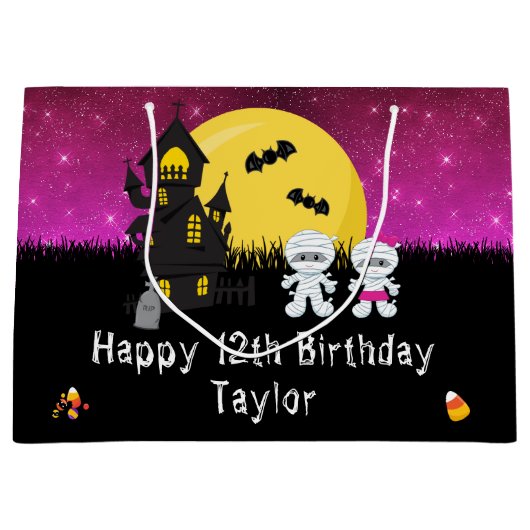 Halloween Happy Birthday Mummy Dark Pink Groot Cadeauzakje (Voorkant)