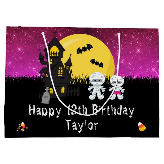 Halloween Happy Birthday Mummy Dark Pink Groot Cadeauzakje (Achterkant)