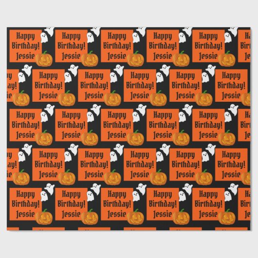 Halloween Happy Birthday Persoonlijke naam pompoen Cadeaupapier (Vlak)