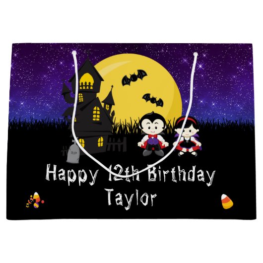 Halloween Happy Birthday Vampires Dark Paars Groot Cadeauzakje (Voorkant)