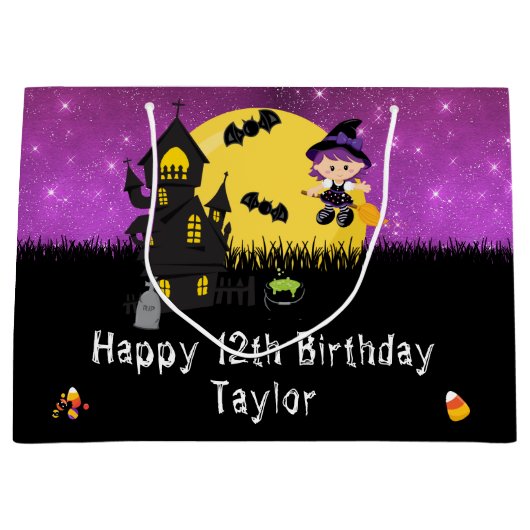 Halloween Happy Birthday Witch Bright Paars Groot Cadeauzakje (Voorkant)