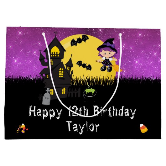 Halloween Happy Birthday Witch Bright Paars Groot Cadeauzakje (Achterkant)