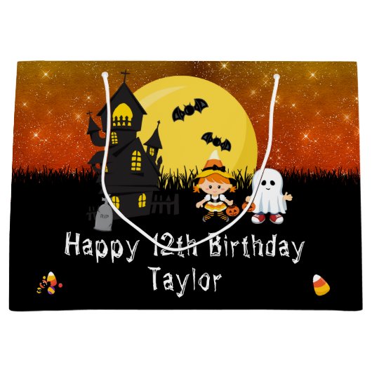 Halloween Happy Birthday Witch Ghost Dark Oranje Groot Cadeauzakje (Voorkant)