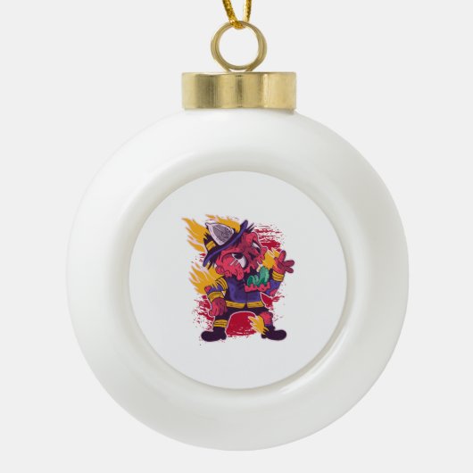 Halloween Happy Halloween brandweerkostuum Keramische Bal Ornament (Voorkant)