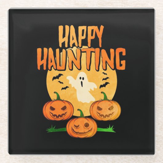 Halloween Happy Haunting Glazen Onderzetter (Voorkant)