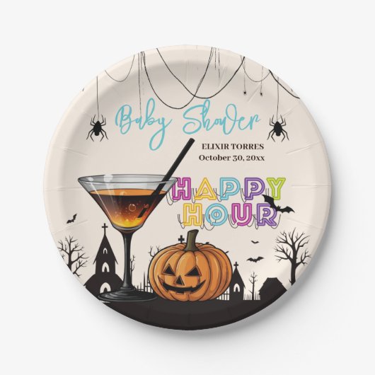 Halloween Happy Hour Pumpkin Cocktail Baby shower Papieren Bordje (Voorkant)