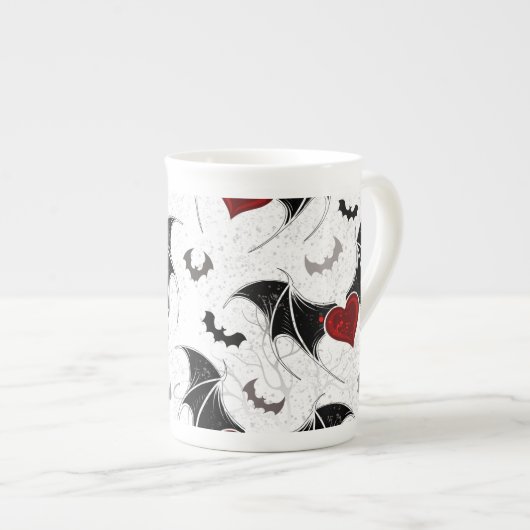 Halloween hart met zwarte vleermuisvleugels porselein kop (Voorkant rechts)