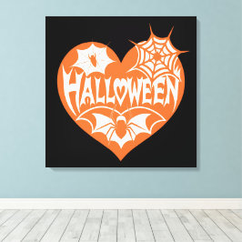 Halloween Hart, Oranje Hart Vorm, Spinnenweb Canvas Afdruk