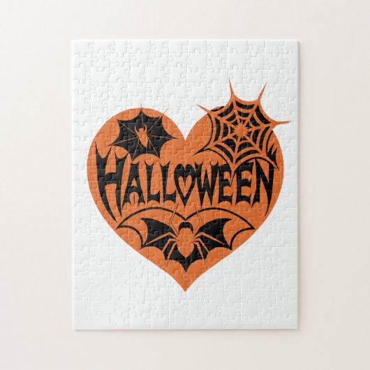 Halloween Hart, Oranje Hart Vorm, Spinnenweb Legpuzzel (Verticaal)