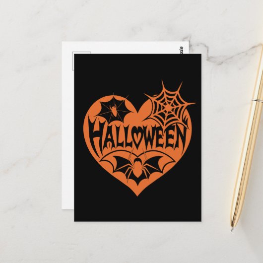 Halloween Hart, Oranje Hartvorm, Spinnenweb Briefkaart (Voorkant / Achterkant in situ)