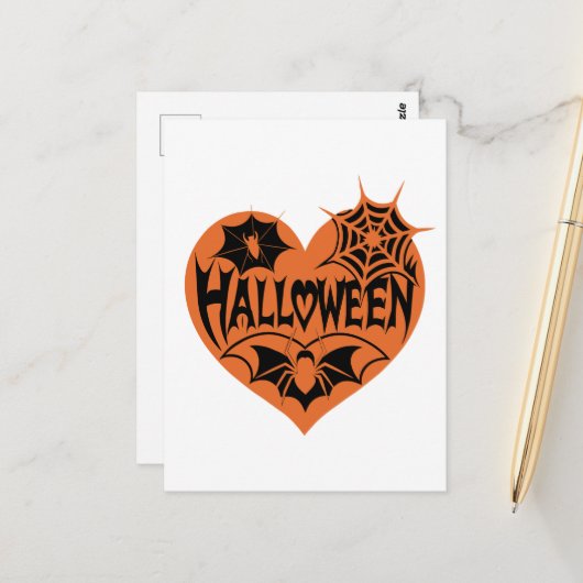 Halloween Hart, Oranje Hartvorm, Spinnenweb Briefkaart (Voorkant / Achterkant in situ)