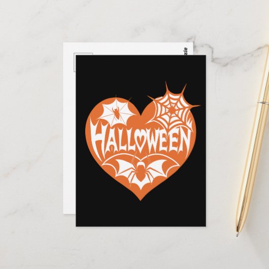Halloween Hart, Oranje Hartvorm, Spinnenweb Briefkaart (Voorkant / Achterkant in situ)