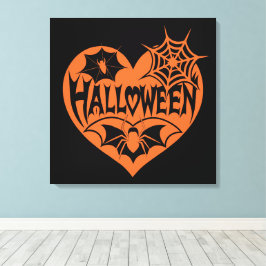 Halloween Hart, Oranje Hartvorm, Spinnenweb Canvas Afdruk
