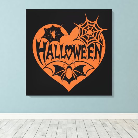 Halloween Hart, Oranje Hartvorm, Spinnenweb Canvas Afdruk (Insitu (Houten vloer))