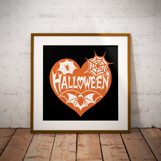 Halloween Hart, Oranje Hartvorm, Spinnenweb Foto Afdruk