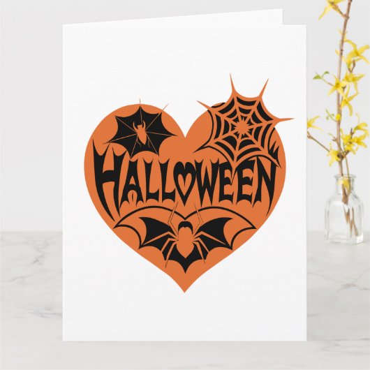 Halloween Hart, Oranje Hartvorm, Spinnenweb Kaart (Gele Bloem)