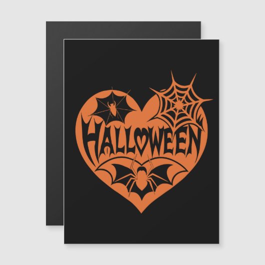 Halloween Hart, Oranje Hartvorm, Spinnenweb Magnetische Uitnodiging (Voorkant / Achterkant)