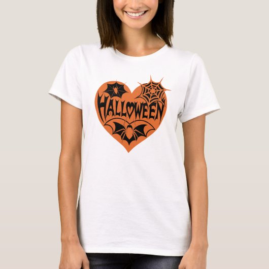 Halloween Hart, Oranje Hartvorm, Spinnenweb T-shirt (Voorkant)